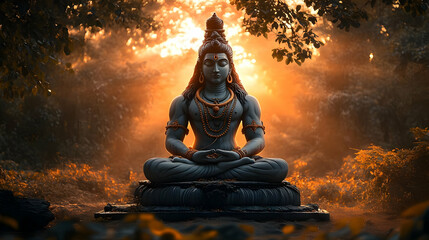 A serene statue of a deity in a tranquil forest setting, illuminated by soft sunlight.