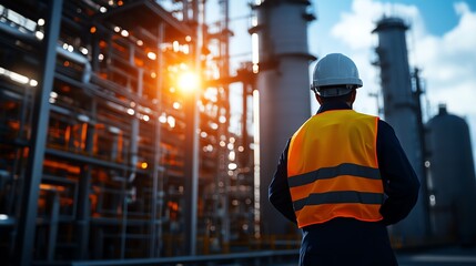 A construction worker in safety gear observes an industrial site during sunset, showcasing dedication and professionalism.