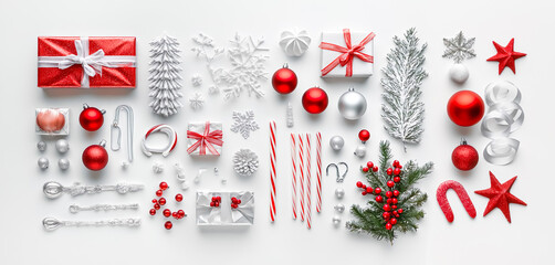 Fototapeta premium Flat lay of festive Christmas ornaments, including red and silver baubles, candy canes, holly leaves, and gift boxes, arranged on a white background