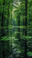 Obraz premium Forest stream with lily pads and reflection