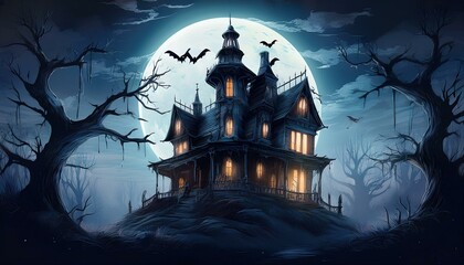 Fototapeta premium Spooky Haunted House at Night: An eerie, abandoned Victorian-style haunted house on a hill, surrounded by twisted, bare trees under a full moon. The windows are cracked. wallpaper halloween