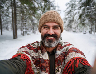 Fototapeta premium Winter Portrait of Happy Handsome Man Smiling Outdoors
