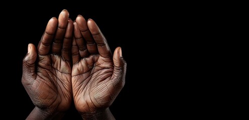 Two black hands raised in prayer against a dark background.  A powerful image of faith and devotion.