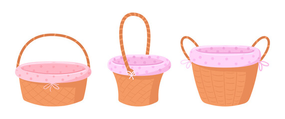 Baskets with fabric lining. Picnic braided wicker handle hampers, wooden picnic baskets flat vector illustration set. Cute cartoon baskets on white