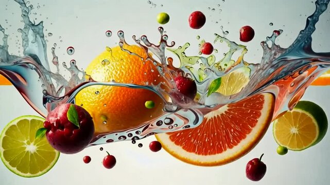 Fresh Fruit splash and submerge under water, summer banner, summer fruits, Nutrition and Hydration Week	
