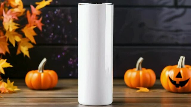 Halloween Tumbler Mockup - Spooky Drinkware Design Template with Pumpkins and Bats
