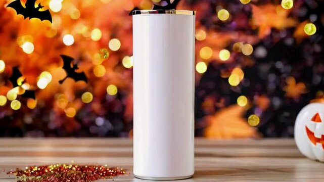 Halloween Tumbler Mockup - Spooky Drinkware Design Template with Pumpkins and Bats
