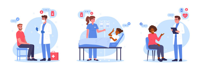 Clinic professional workers with patients. Medical staff with hospital patients, doctors and nurses advising and diagnosing patients flat vector illustration set. Doctors and patients