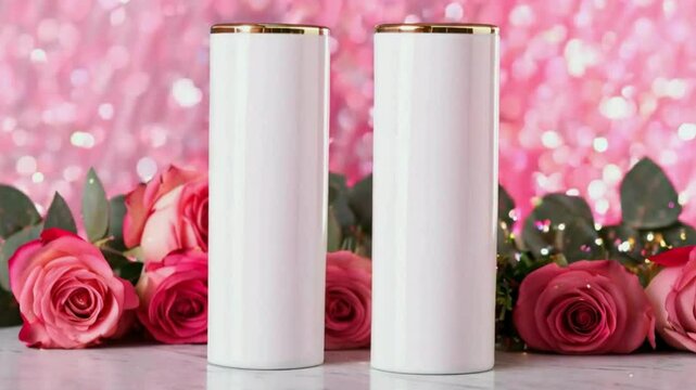 Valentine Tumbler Mockup - Romantic Drinkware Design Template with Hearts and Roses
