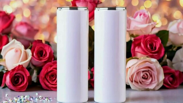 Valentine Tumbler Mockup - Romantic Drinkware Design Template with Hearts and Roses
