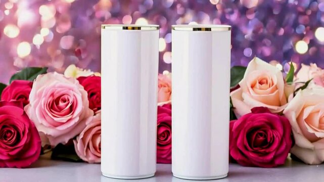 Valentine Tumbler Mockup - Romantic Drinkware Design Template with Hearts and Roses
