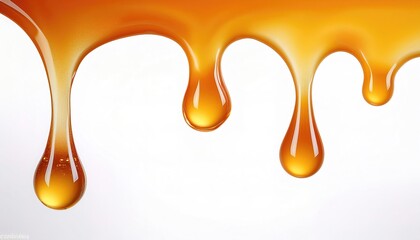 Golden amber color Honey Drizzle made in nature by bees, with Droplets dripping down isolated on White Surface background with copy space