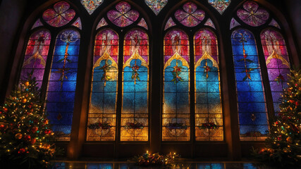 Stained glass windows with colorful lights and two Christmas trees on either side in a dimly lit room