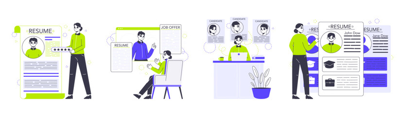 Job candidates resume. Recruitment process, hiring HR managers and job seekers characters flat vector illustration set. Candidates searching job