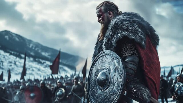 A Viking warrior stands ready for battle, armored with fur cloak and ornate shield. Behind him, an army with spears and banners assembles in a snowy mountain landscape.