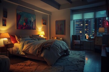 Decorated living room with couch, colorful rug, artwork, bookshelves, lamps, and pillows. Perfect for interior design inspiration or home decor content.