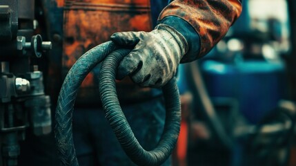 industrial worker Or mechanical engineer holding a hydraulic hose on a background machine with metal joints.