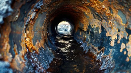 Inside the old and rusty sewage pipe.