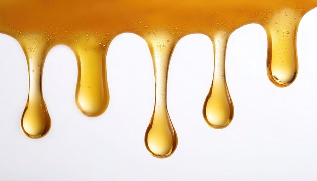 Golden amber color Honey Drizzle made in nature by bees, with Droplets dripping down isolated on White Surface background with copy space