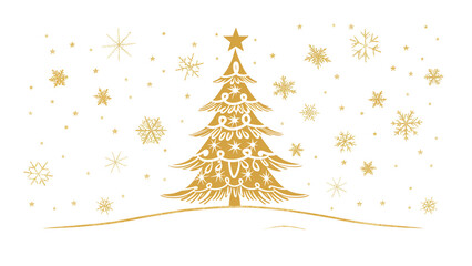 Golden christmas tree , cute line drawing clipart isolated on transparant  background.