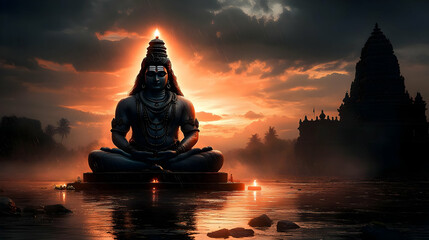 A serene statue of Shiva at sunset, surrounded by water and ancient architecture.