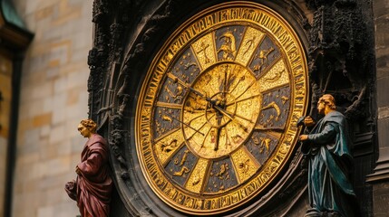 Obraz premium Close-up of the Astronomical Clock on the Old Town Hall in Prague, showing the intricate details of the zodiac signs and figures.