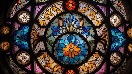 Fototapeta premium Stained glass window featuring vibrant flowers and intricate patterns, capturing a blend of colors and light.