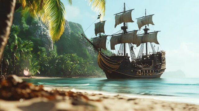 A majestic pirate ship anchors near a tropical island paradise. Palm trees frame the scene, with crystal-clear waters and a sandy beach in the foreground, creating an atmosphere of adventure.