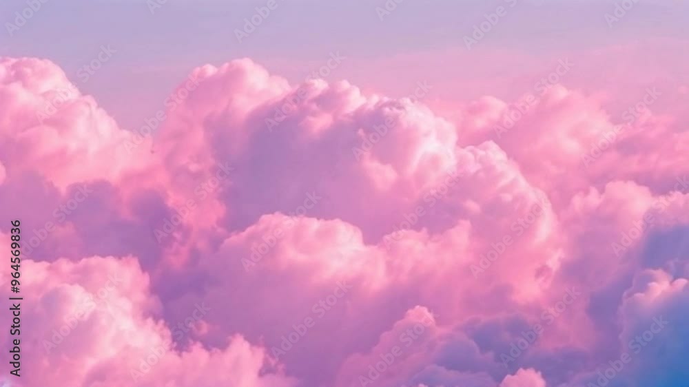 Poster a serene view of pink fluffy clouds during sunset, creating a calming and dreamy atmosphere.