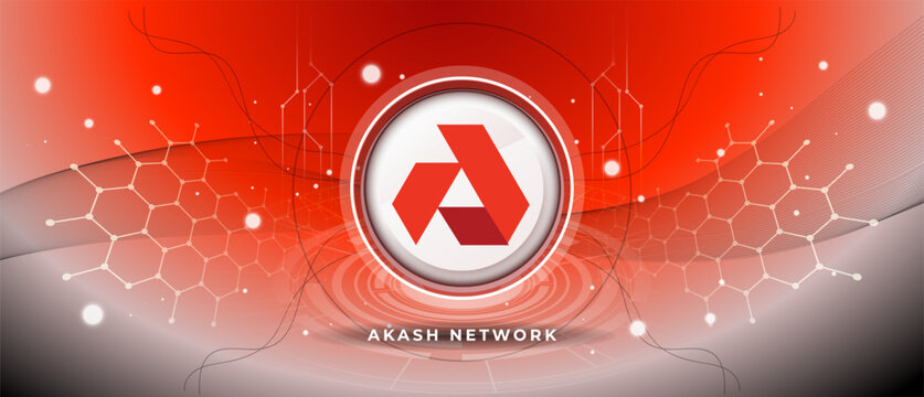 Akash network logo with crypto currency themed red background design. Modern neon color banner for Akash AKT icon. Cryptocurrency, Blockchain technology, token exchange. Vector thumbnail.