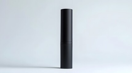 Matte Lipstick Tube: A matte black lipstick tube standing upright on a white background, with minimal reflections and clean lines.
