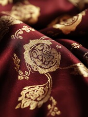 Luxurious Maroon Silk Fabric with Intricate Golden Motifs for Elegant Background