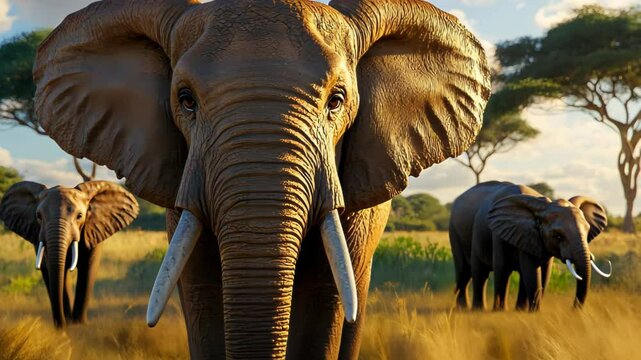 A large African elephant stands in tall grass, looking directly at the camera with its tusks visible. Two smaller elephants are visible in the background, with trees and a blue sky behind them.