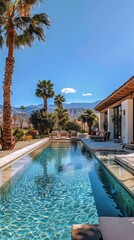 The desert mountains provide a scenic backdrop to the poolside with clear water.