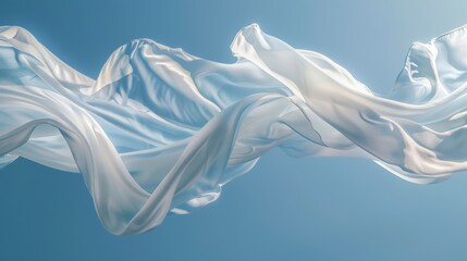 White silk satin cloths flow effortlessly in the air, beautifully suspended in a serene blue sky, creating an elegant and tranquil atmosphere