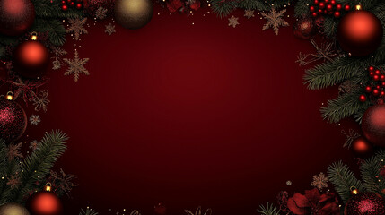 A luxurious Christmas frame decorated with red and gold ornaments, pine branches, and golden stars set against a rich red background.
