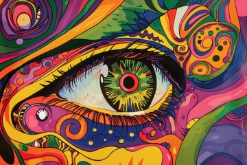 Psychedelic art poster of an eye with swirling patterns and bold colors, perfect for a retro or musicthemed room