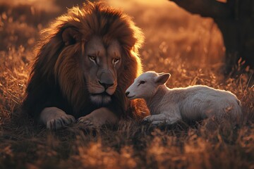 Fototapeta premium Lion and Lamb in Harmony Moment of Peace