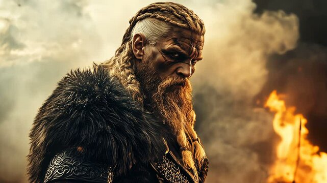 A fierce Viking warrior with war paint and a fur cloak stands ready for battle. Behind him, an army gathers under fluttering banners in the golden light of dawn or dusk.