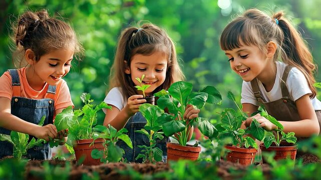 Children tending to plants in the school garden