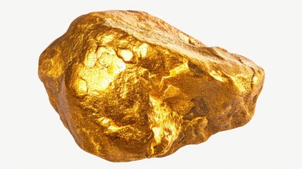 A shiny, irregularly shaped gold nugget isolated on white background, showcasing its natural texture and luster.