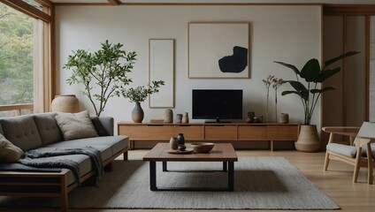 Japandi-inspired living room with a blend of Japanese and Scandinavian design elements, featuring natural light and minimal decor.