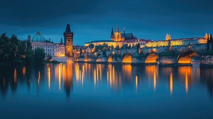 Naklejka premium Night view of Prague's illuminated Charles Bridge with reflections on the Vltava River.