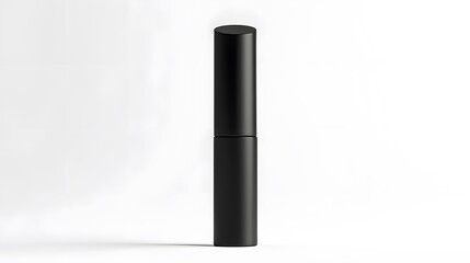 Matte Lipstick Tube: A matte black lipstick tube standing upright on a white background, with minimal reflections and clean lines.

