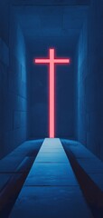Naklejka premium A glowing neon cross illuminates a dark, abstract corridor, creating a striking contrast and a sense of spiritual depth.