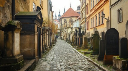 Fototapeta premium Prague's Jewish Quarter with the Old New Synagogue and the Jewish Cemetery, showing centuries of history.