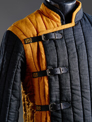 Historical fashion. Medieval knight cloth. Padded jacket gambeson.