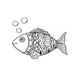 Decorative Fish Drawing With Abstract Ornaments hand drawn sketch
