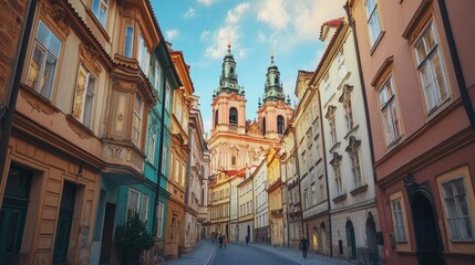 Fototapeta premium Prague's Lesser Town with views of St. Nicholas Church and quaint, winding streets.
