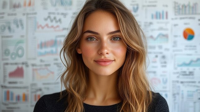 Confident Woman in Front of Business Charts and Data Visualization - Powered by Adobe